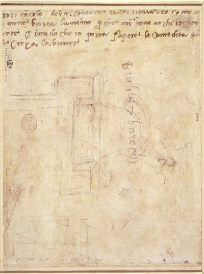 Architektonische Studie mit Notizen (Feder und Bleistift auf Papier) (verso) von Michelangelo Buonarroti